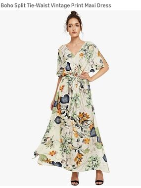 Amazon Cream Floral Boho Tie-Waist Maxi Dress with Navy and Green Accents